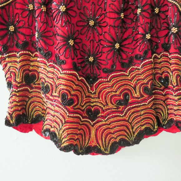 Papell Boutique Silk Evening Red Black Gold Multi-Color Floral Beaded Top - Picture 2 of 9